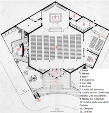 Fig.5: Plano de la planta principal de la iglesia con sus distintos espacios identificados y numerados[5]