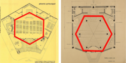Fig.12:Comparación del uso de hexágono en planta de la iglesia de los Sagrados Corazones (1961-1964), a la izquierda, y la iglesia de Cristo Re (1952-1963), a la izquierda. (https://doi.org/10.1007/978-3-030-76239-1_12)