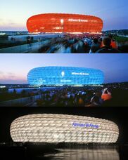 Urbipedia:Distintas visualizaciones nocturnas del exterior del Allianz Arena.