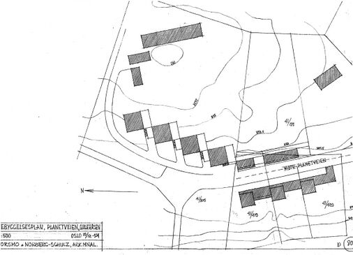 Masterplan de 10 casas en Planetveien (1954). Sólo se construyeron las tres unidades situadas en el lado occidental (parte inferior del dibujo).